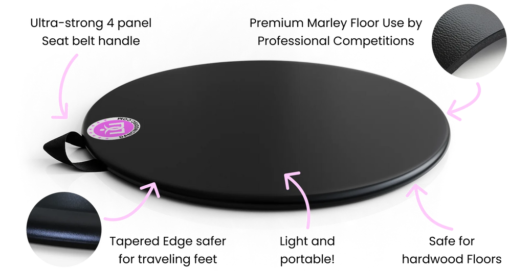 Dancing Disc features: seat-belt carry handle, tapered safe edge, non-slip base, and premium Marley surface