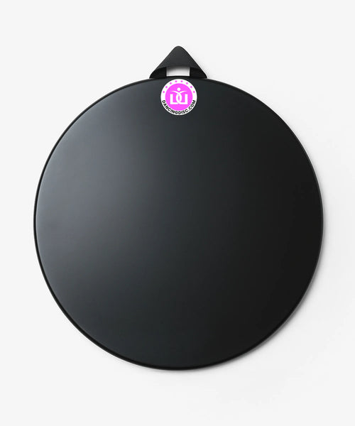 Black round object with a logo on a white background