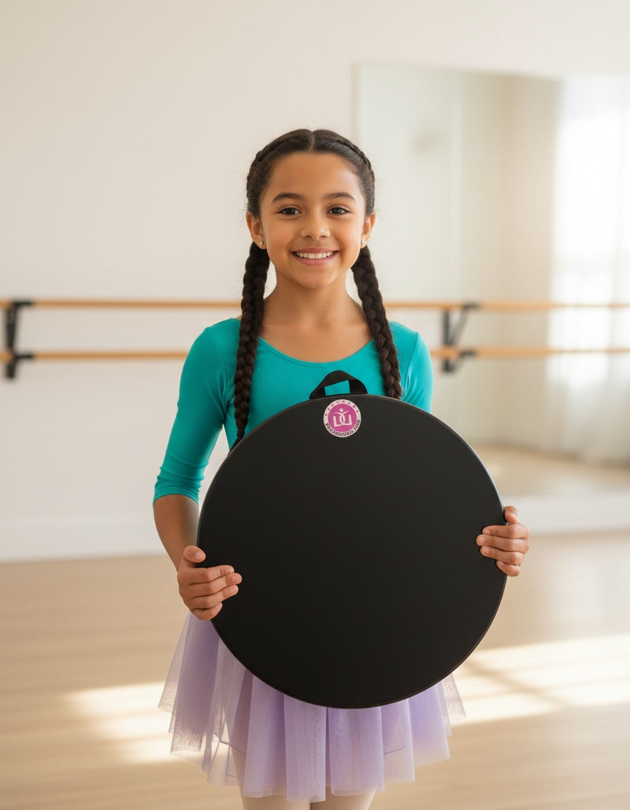 Young dancer smiling and holding her Dancing Disc