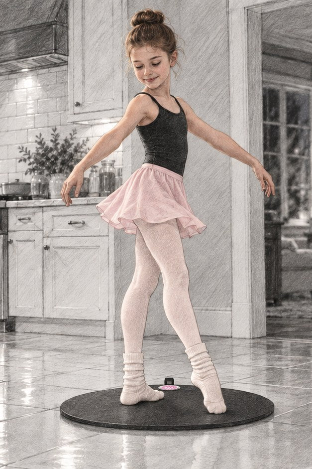 Sketch: a young dancer turns on her Dancing Disc on the kitchen tile floor