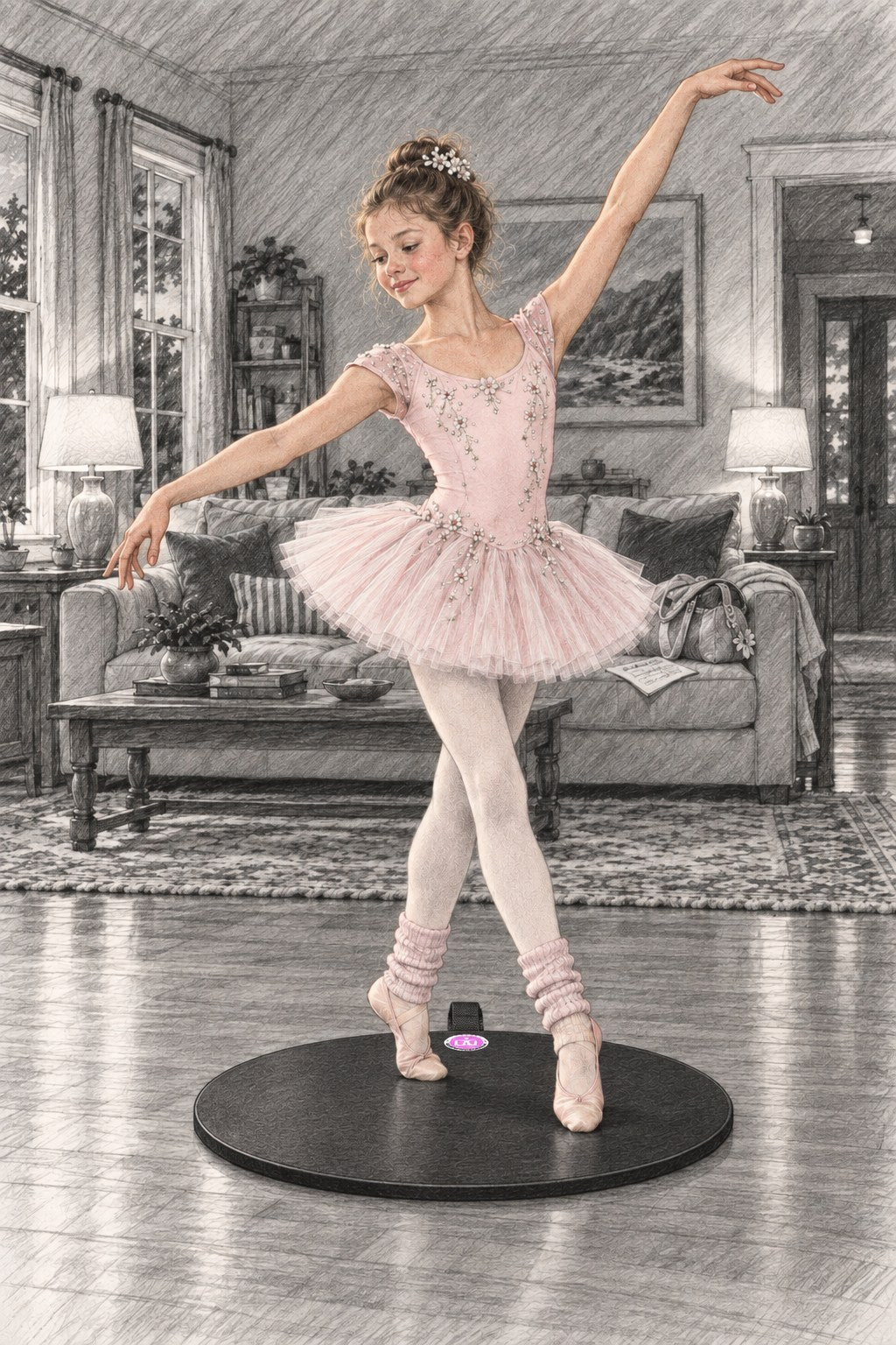 Sketch: in her stage costume, she rehearses on her disc in the living room