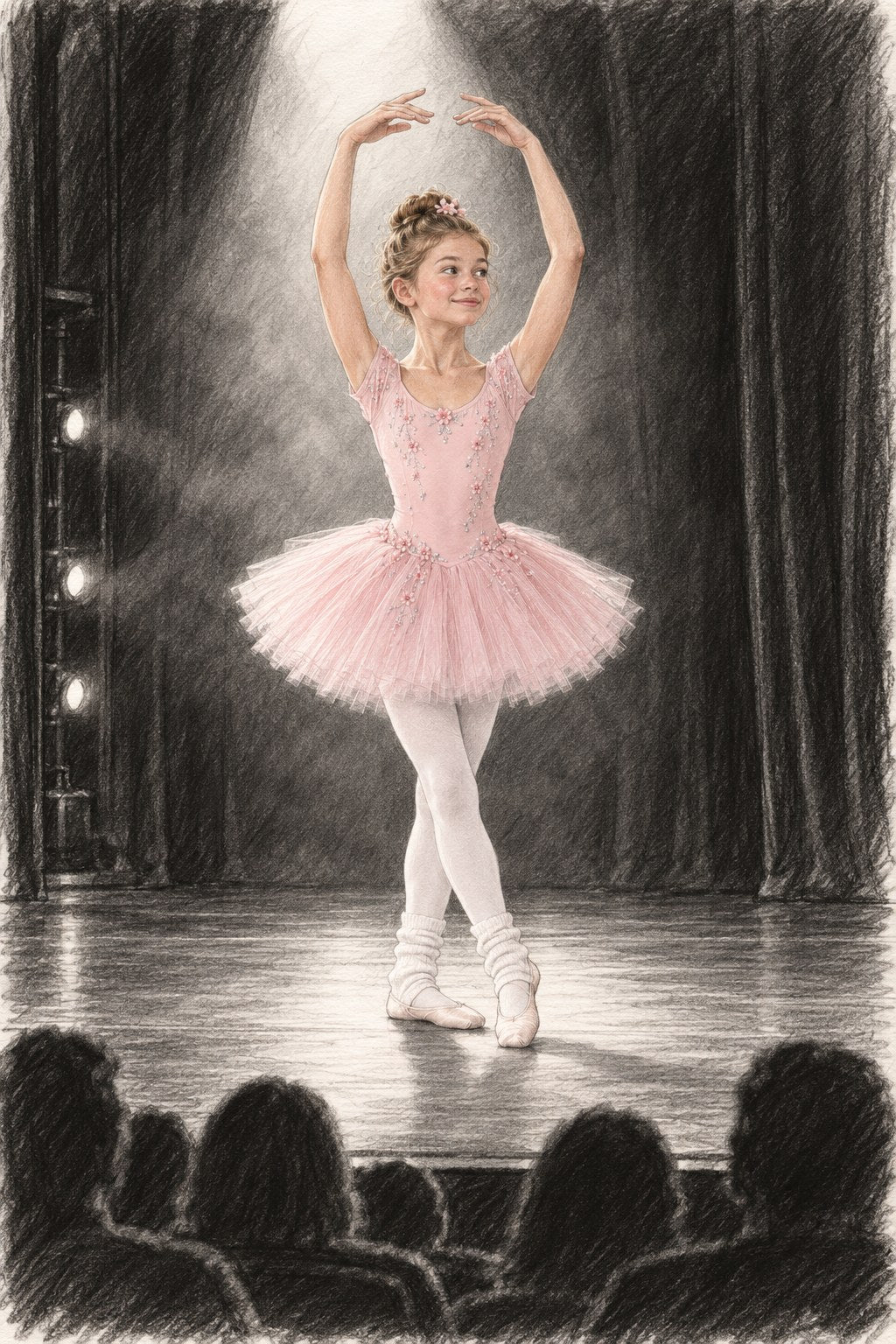 Sketch: on stage under the spotlight, arms raised after her turn
