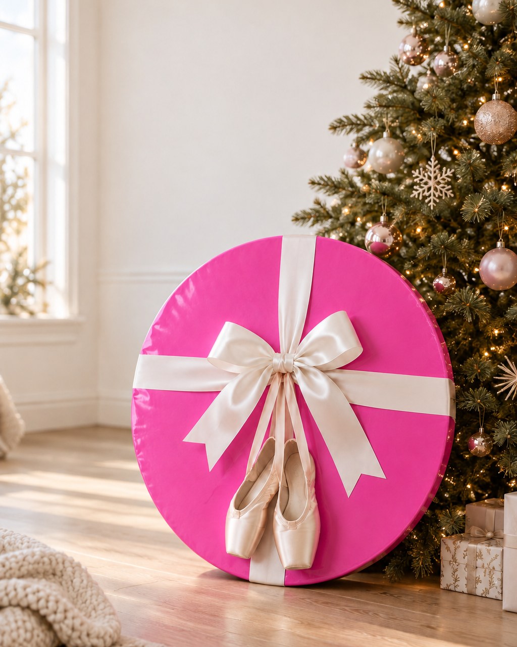A round pink gift with a cream bow and pointe shoes under the Christmas tree