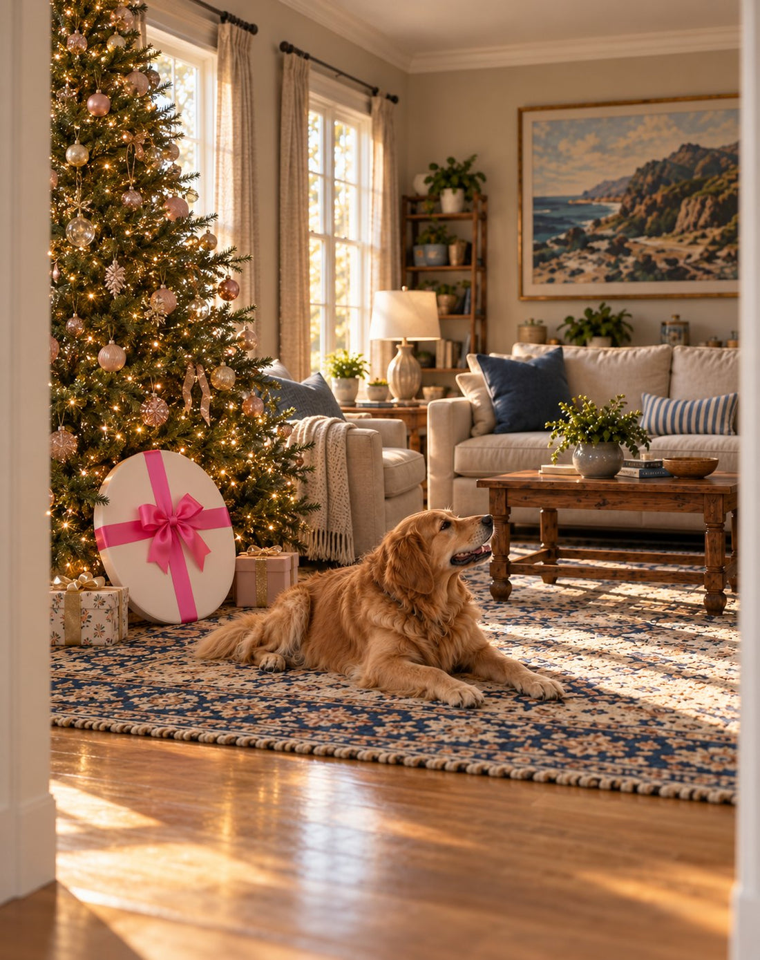 A round gift with a pink bow under the Christmas tree in a cozy living room